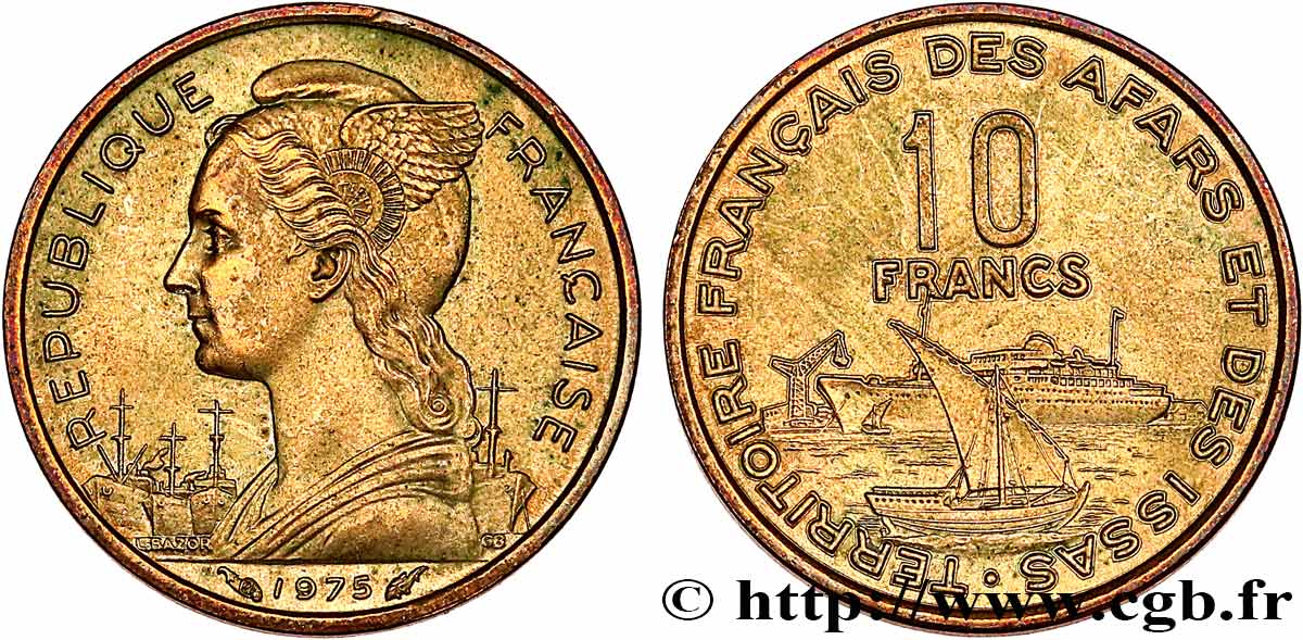 DSCHIBUTI - Französisches Afar- und Issa-Territorium 10 Francs Marianne / volier et paquebot 1975 Paris VZ 