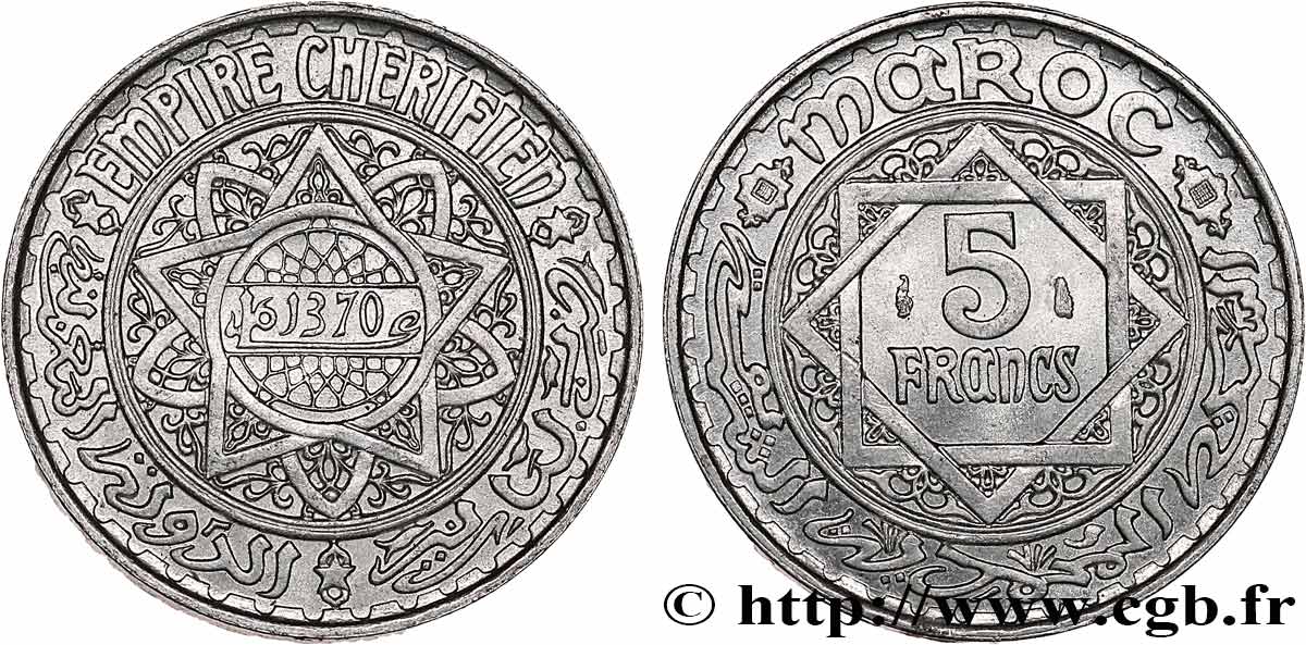 MAROCCO - PROTETTORATO FRANCESE 5 Francs AH 1370 1951  MS 