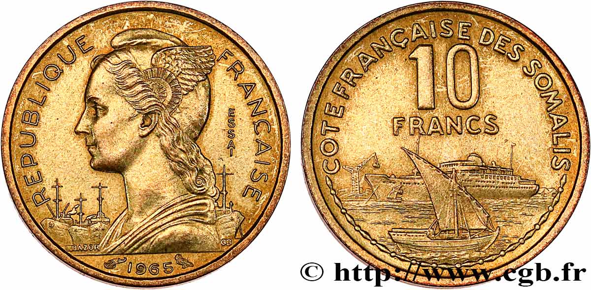 CÔTE FRANÇAISE DES SOMALIS Essai de 10 Francs 1965 Paris SUP 