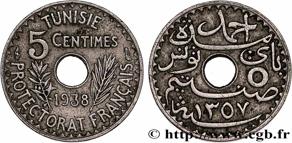 TUNESIEN - Französische Protektorate  5 Centimes AH 1357 1938 Paris fVZ 