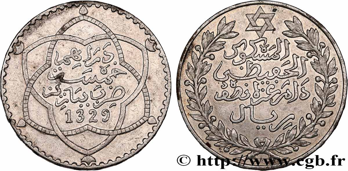 MAROKKO 5 Dirhams (1/2 Rial) Moulay Hafid I an 1329 1911 Paris SS 