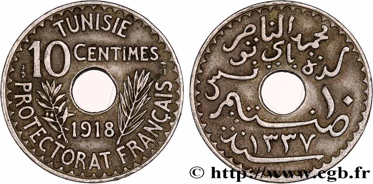 TUNISIA - Protettorato Francese 10 Centimes AH 1337 1918 Paris BB 