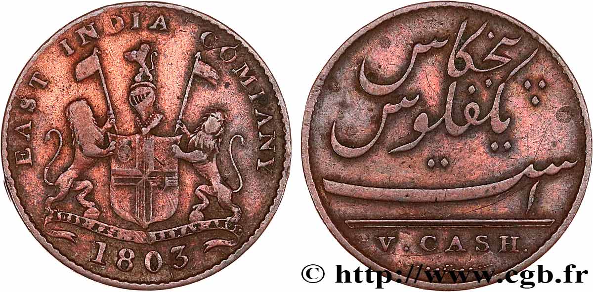 ÎLE DE FRANCE (ÎLE MAURICE) V (5) Cash East India Company 1803 Madras TB+ 