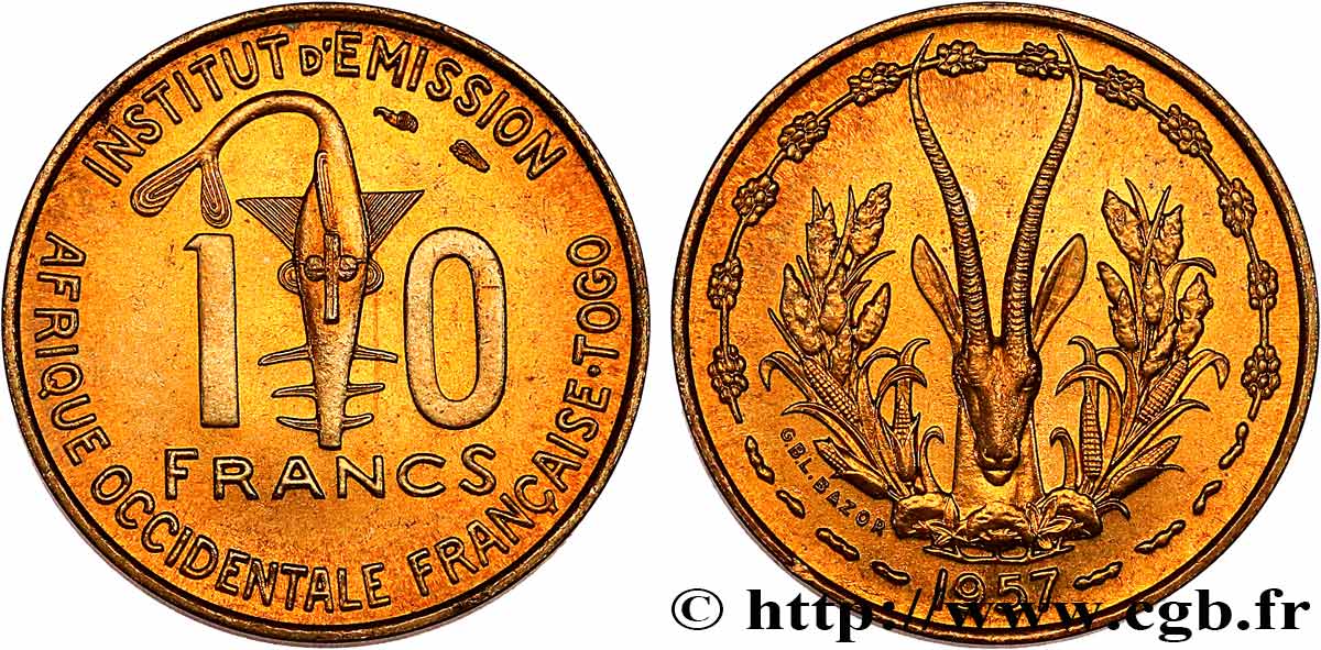 FRENCH WEST AFRICA - TOGO 10 Francs 1957 Paris MS 
