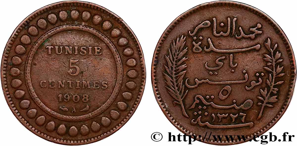 TUNEZ - Protectorado Frances 5 Centimes AH1326 1908 Paris MBC 