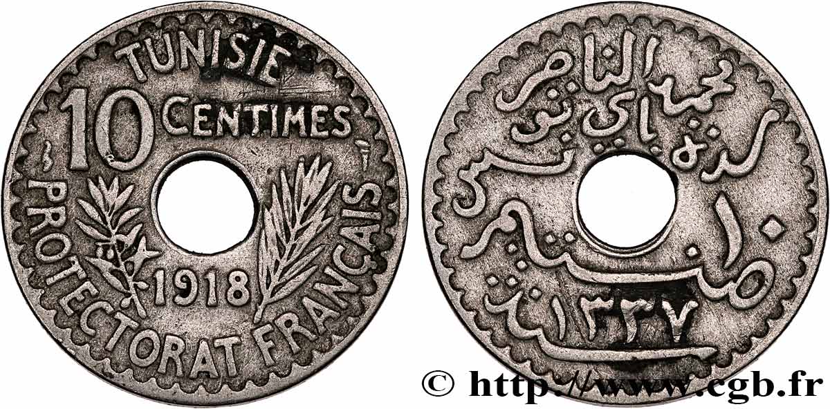 TUNEZ - Protectorado Frances 10 Centimes AH 1337 1918 Paris MBC 