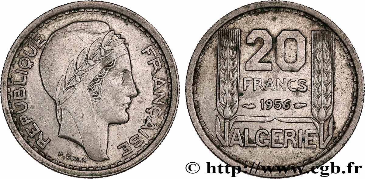 ALGERIA 20 Francs Turin 1956  XF 