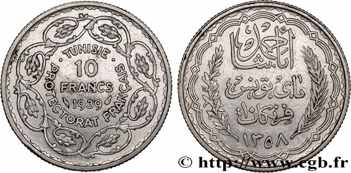 TUNEZ - Protectorado Frances 10 Francs au nom du Bey Ahmed an 1358 1939 Paris MBC 