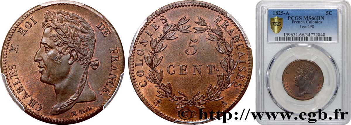 COLONIE FRANCESI - Carlo X, per Guyana e Senegal 5 Centimes Charles X 1825 Paris FDC66 PCGS
