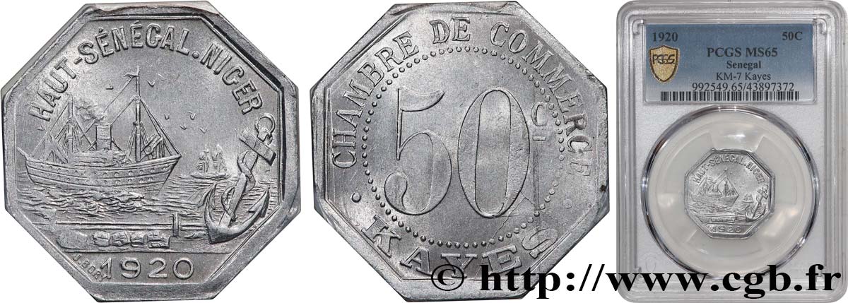 AFRIQUE FRANÇAISE - SÉNÉGAL 50 Centimes Chambre de Commerce de Kayes 1920  MS65 PCGS