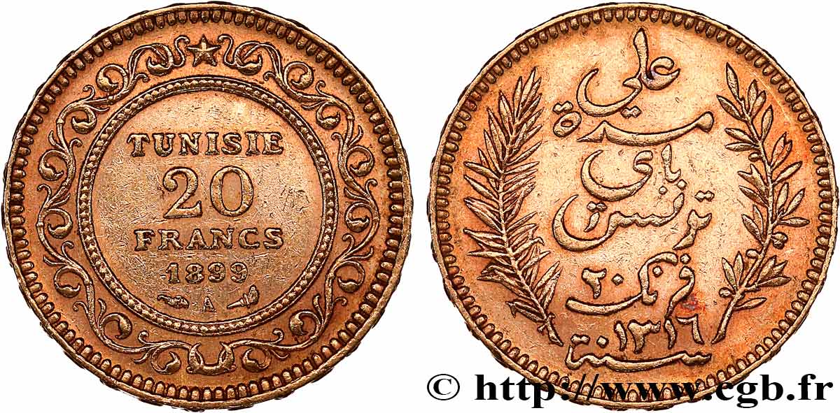 OR D INVESTISSEMENT 20 Francs or Bey Ali AH 1317 1899 Paris TTB 
