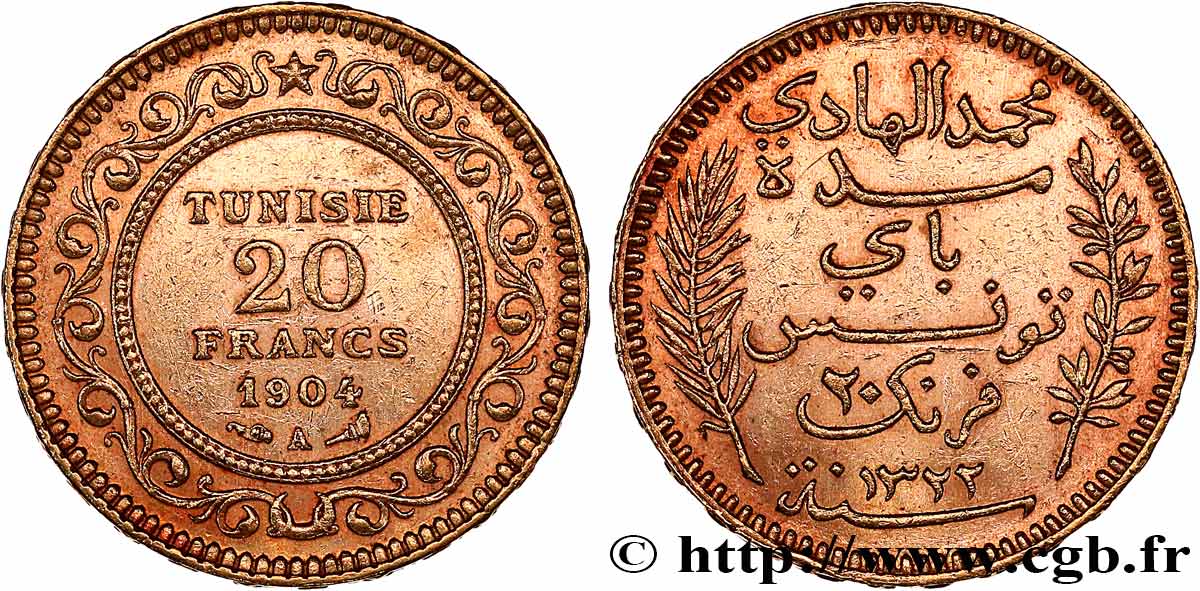OR D INVESTISSEMENT 20 Francs or Bey Mohamed El Hadi AH 1321 1904 Paris TTB+ 