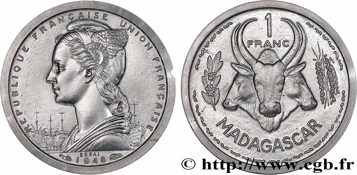 MADAGASCAR - UNIóN FRANCESA Essai Piefort de 1 Franc 1948 Paris SC 