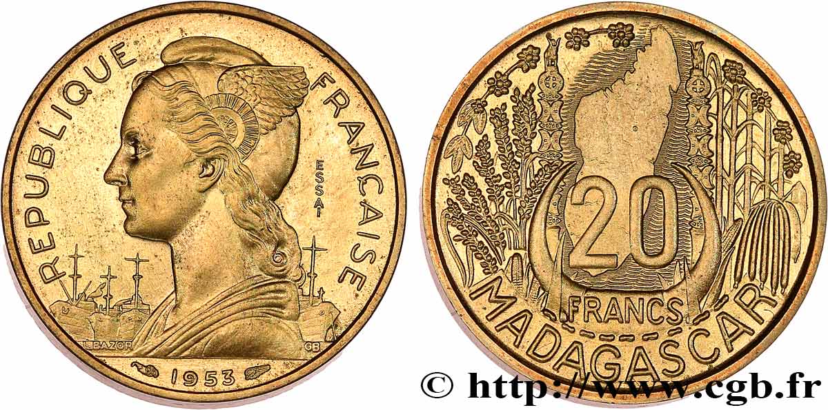 MADAGASCAR French Union Essai Piefort de 20 Francs 1953 Paris MS 