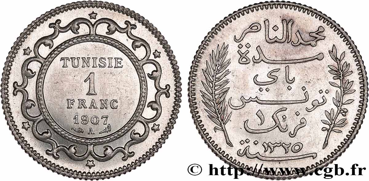 TUNISIA - French protectorate 1 Franc AH 1325 1907 Paris MS 
