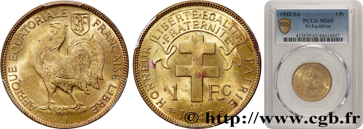 AFRIQUE ÉQUATORIALE FRANÇAISE - FRANCE LIBRE 1 Franc 1942 Prétoria FDC65 PCGS