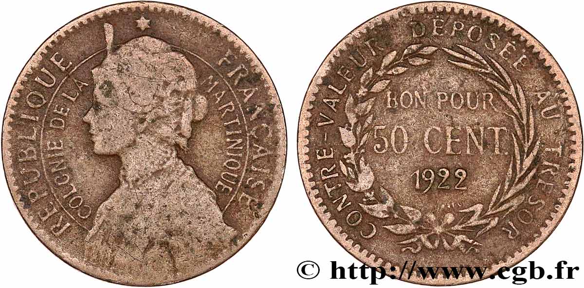 ÎLE DE LA MARTINIQUE Bon pour 50 Centimes Colonie de la Martinique 1922 sans atelier TB 