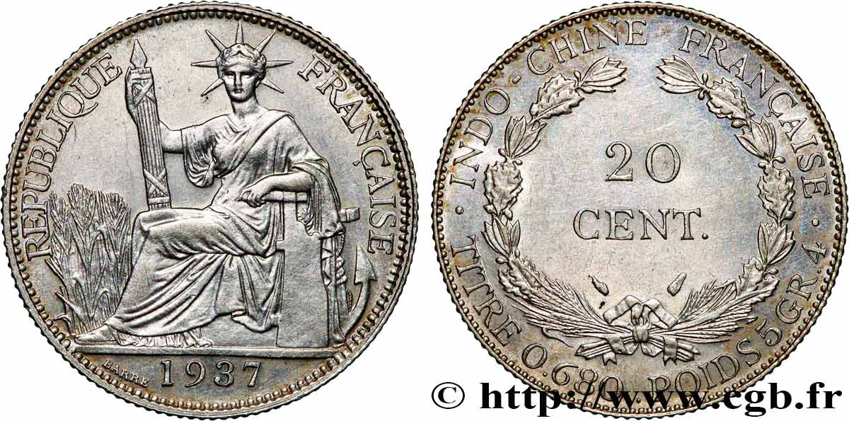 INDOCHINA 20 Centièmes 1937 Paris EBC 