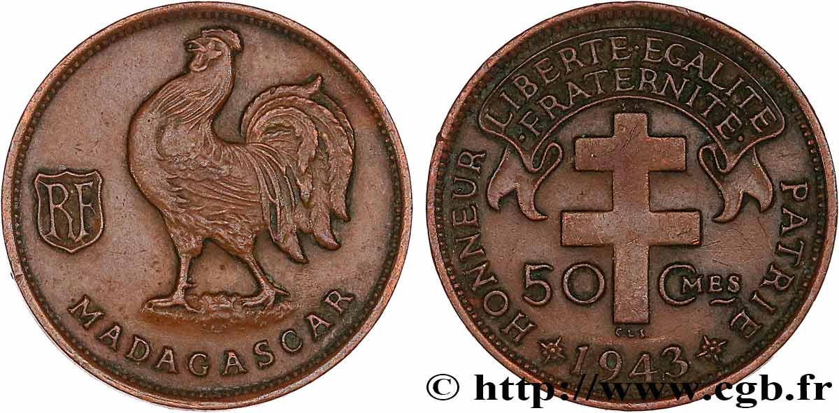 ÎLE DE MADAGASCAR - France Libre 50 Centimes 1943 Prétoria TTB 