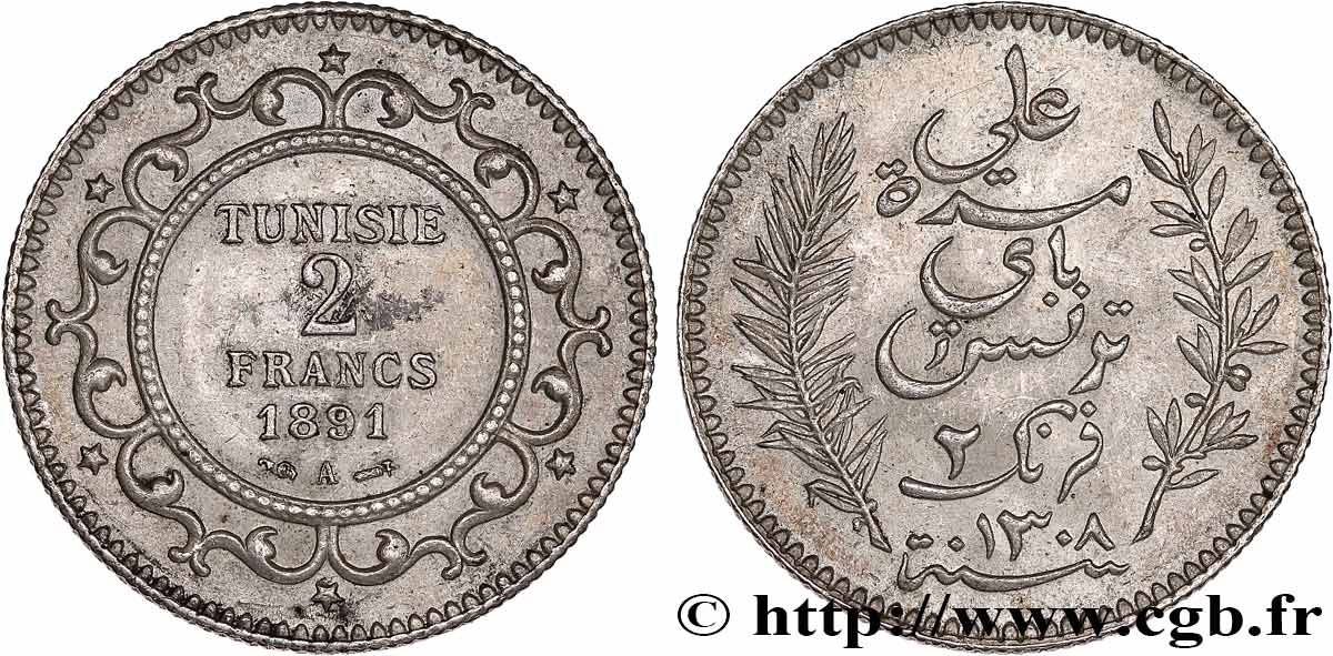 TUNISIE - PROTECTORAT FRANÇAIS 2 Francs AH1308 1891 Paris - A TTB+ 