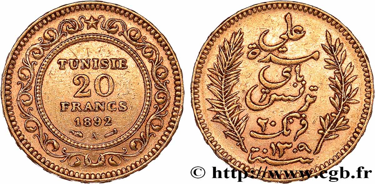 OR D INVESTISSEMENT 20 Francs or Bey Ali AH1310 1892 Paris TTB 