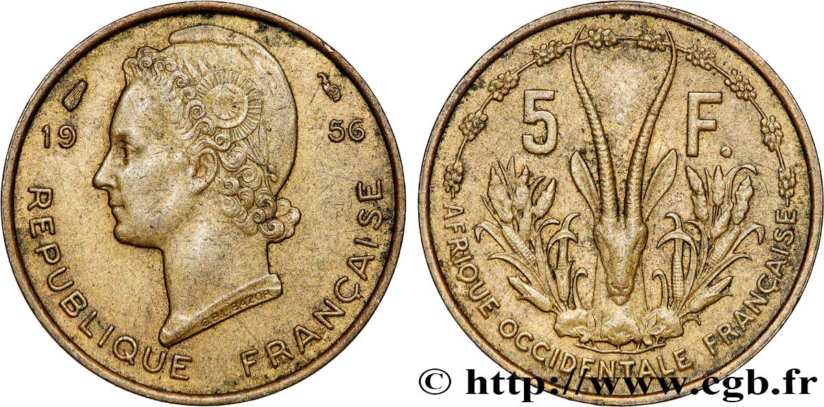 FRENCH WEST AFRICA 5 Francs 1956 Paris AU 