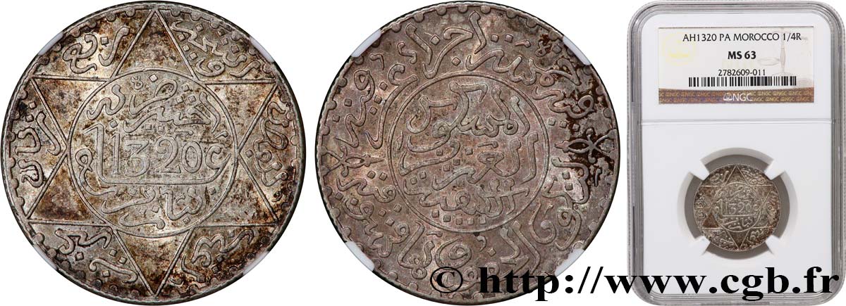 MOROCCO 2 1/2 Dirhams Abdul Aziz I an 1320 1902 Paris MS63 