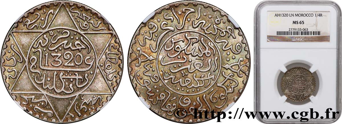 MAROC 2 1/2 Dirhams (1/4 Rial) Abdul Aziz I an 1320 1902 Londres FDC65 NGC