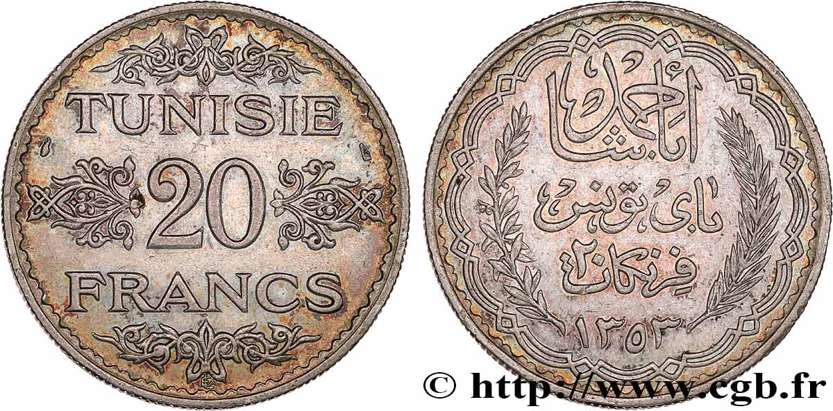 TUNISIA - French protectorate 20 Francs au nom du Bey Ahmed an 1353 1934 Paris AU 
