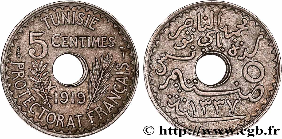 TUNISIA - French protectorate 5 Centimes AH 1337 1919 Paris AU 