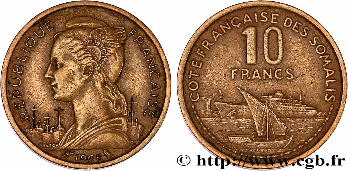 FRANZÖSISCHE SOMALILAND 10 Francs 1965 Paris fVZ 