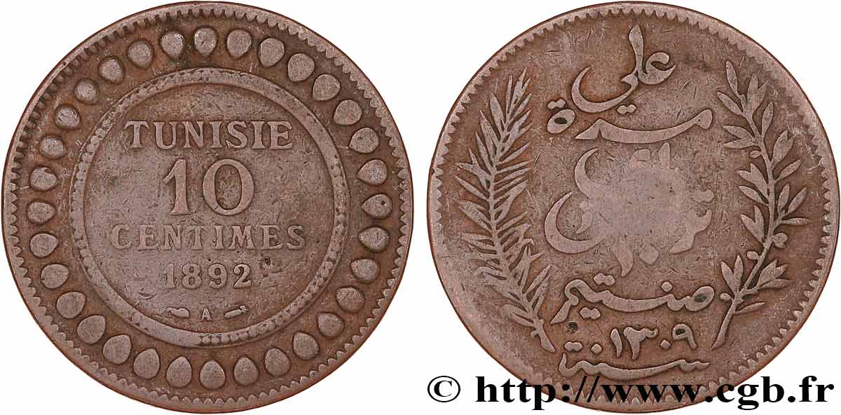 TUNISIE - PROTECTORAT FRANÇAIS 10 Centimes AH1309 1892 Paris TB 