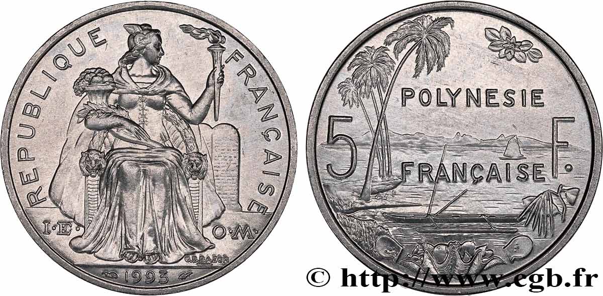 POLYNÉSIE FRANÇAISE 5 Francs I.E.O.M. 1993 Paris SPL 