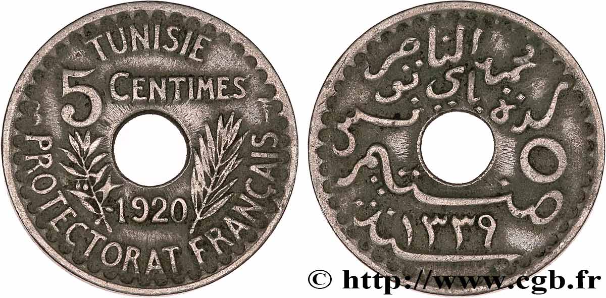 TUNISIA - French protectorate 5 Centimes AH1339 1920 Paris XF 