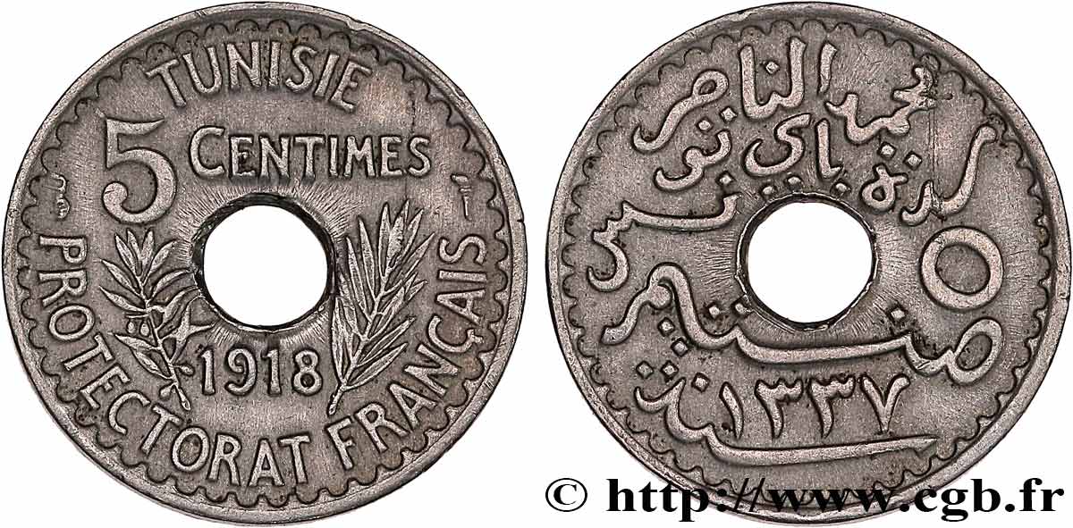 TUNISIE - PROTECTORAT FRANÇAIS 5 Centimes AH 1337 1918 Paris TTB/SUP 