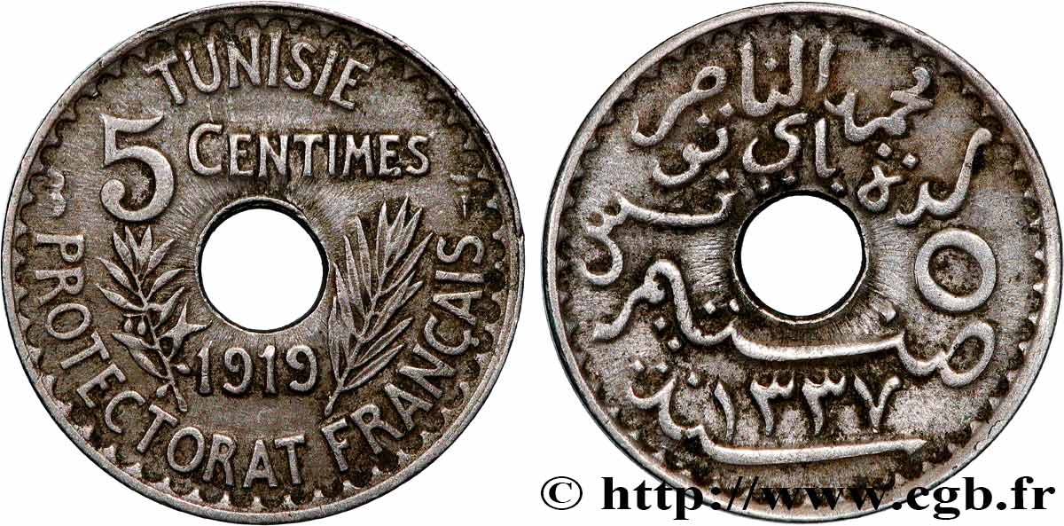 TUNISIA - French protectorate 5 Centimes AH 1337 1919 Paris XF 