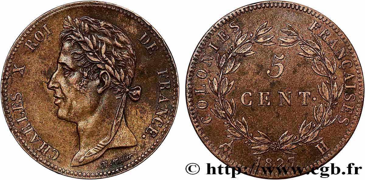 COLONIAS FRANCESAS - Charles X, para Martinica y Guadalupe 5 Centimes Charles X 1827 La Rochelle - A MBC+ 