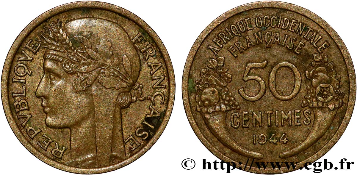 FRENCH WEST AFRICA 50 Centimes Morlon 1944 Londres XF 