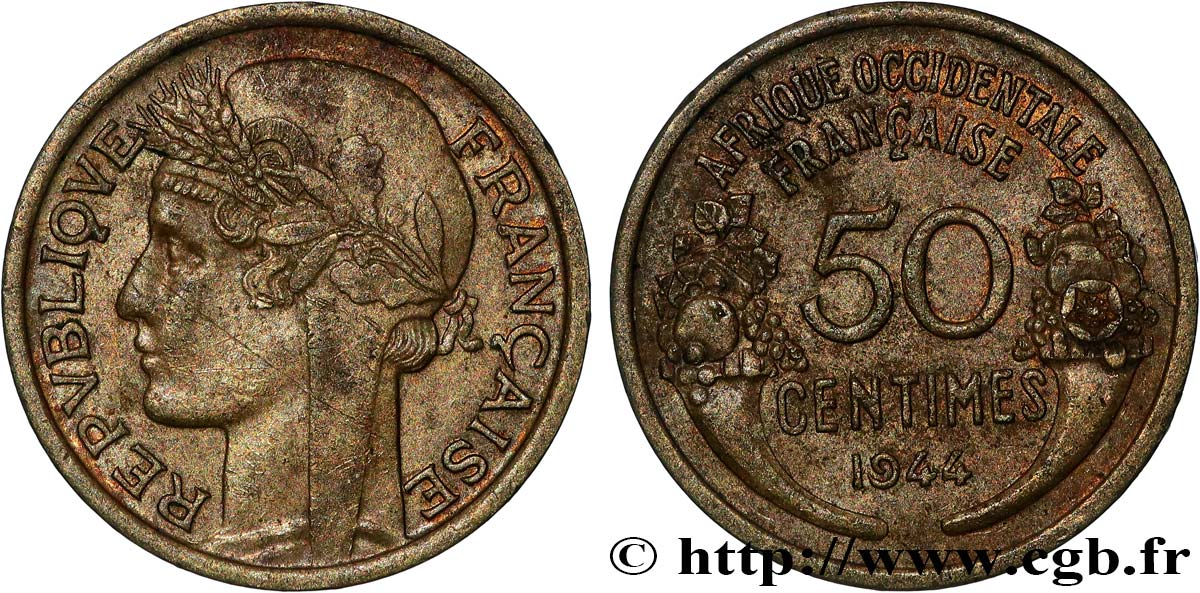 AFRICA OCCIDENTALE FRANCESA  50 Centimes Morlon 1944 Londres BB 