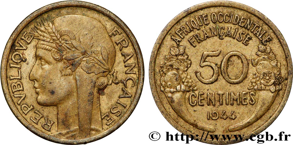 FRENCH WEST AFRICA 50 Centimes Morlon 1944 Londres XF 