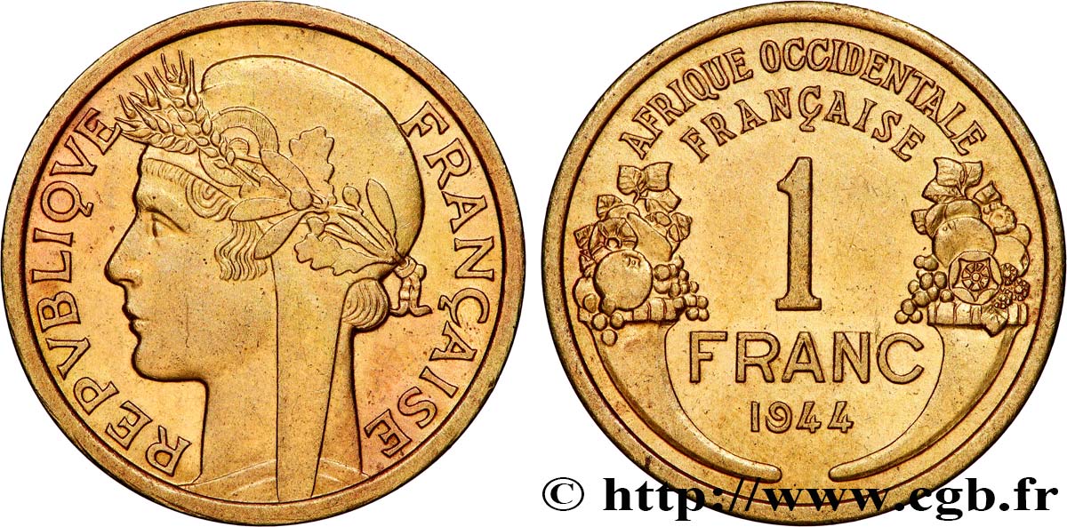 AFRIQUE OCCIDENTALE FRANÇAISE 1 Franc Morlon 1944 Londres TTB+ 
