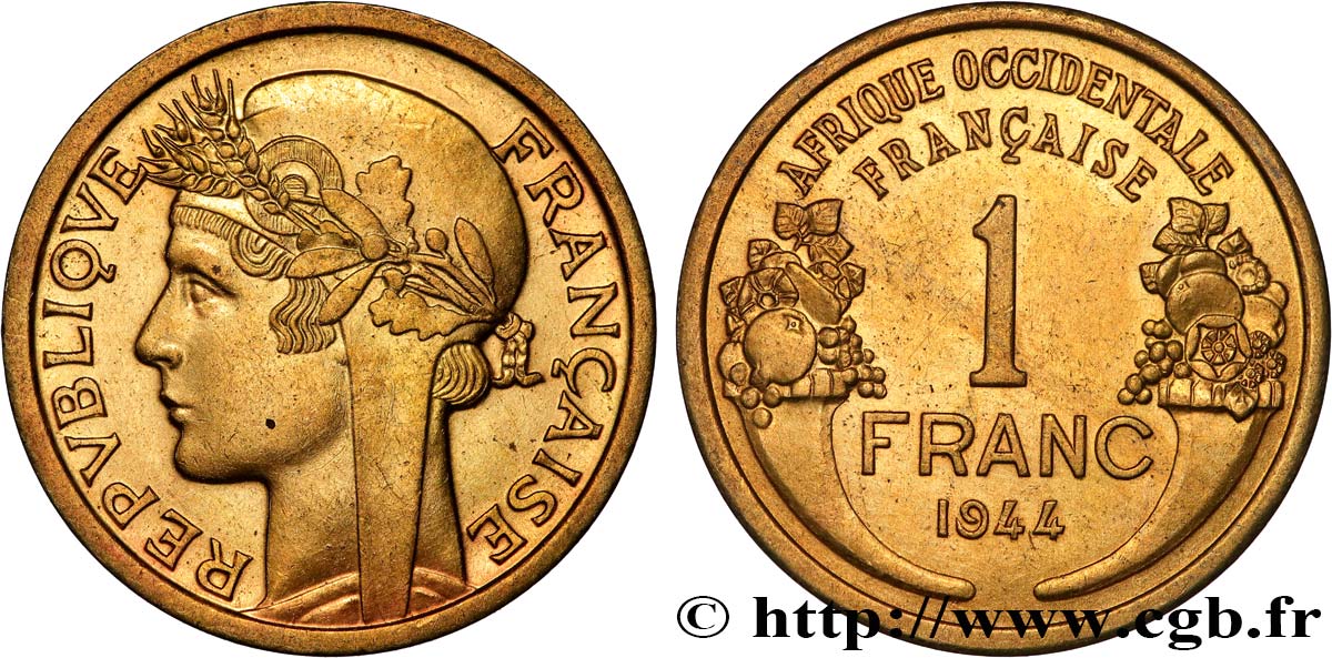 AFRIQUE OCCIDENTALE FRANÇAISE 1 Franc Morlon 1944 Londres TTB+ 