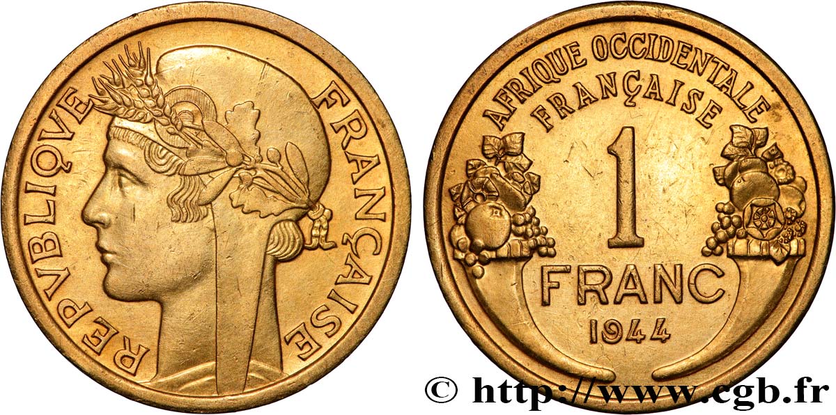 AFRIQUE OCCIDENTALE FRANÇAISE 1 Franc Morlon 1944 Londres TTB+ 