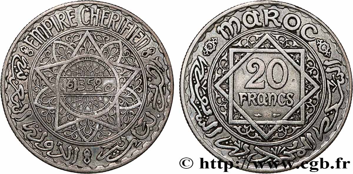 MARUECOS - PROTECTORADO FRANCÉS 20 Francs AH 1352 1933 Paris MBC 