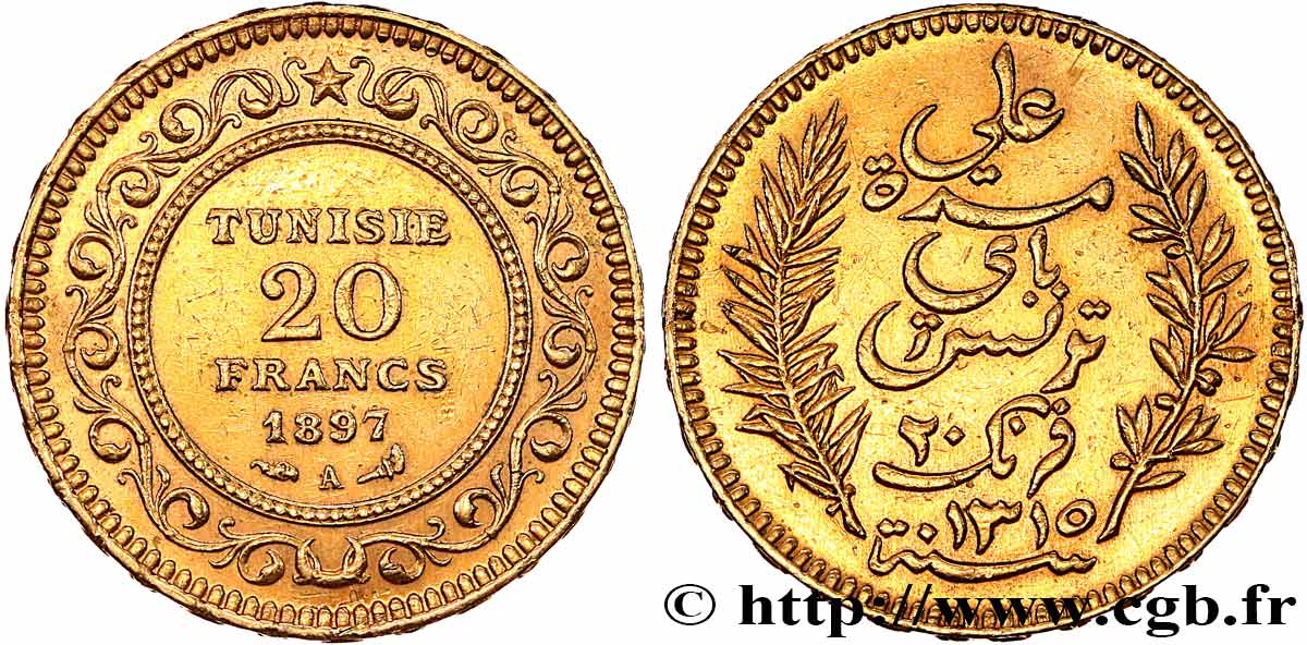 OR D INVESTISSEMENT 20 Francs or Bey Ali AH 1315 1897 Paris TTB 