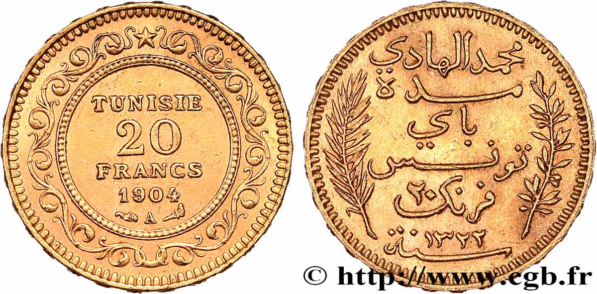 ORO, PALLADIO E PLATINO: INVESTIMENTI 20 Francs or Bey Mohamed El Hadi AH 1321 1904 Paris q.SPL 