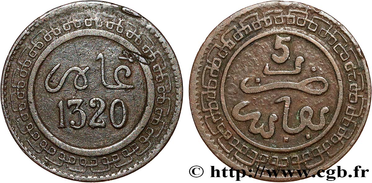 MARUECOS 5 Mazounas Abdul Aziz an 1320 1902 Fez BC+ 