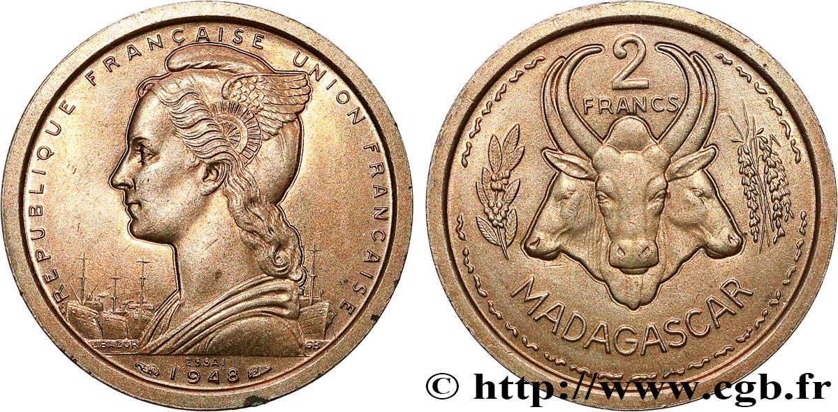MADAGASCAR - UNIóN FRANCESA Essai de 2 Francs 1948 Paris SC 