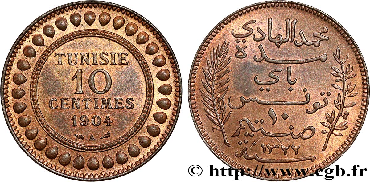 TUNISIA - French protectorate 10 Centimes AH1322 1904 Paris AU 