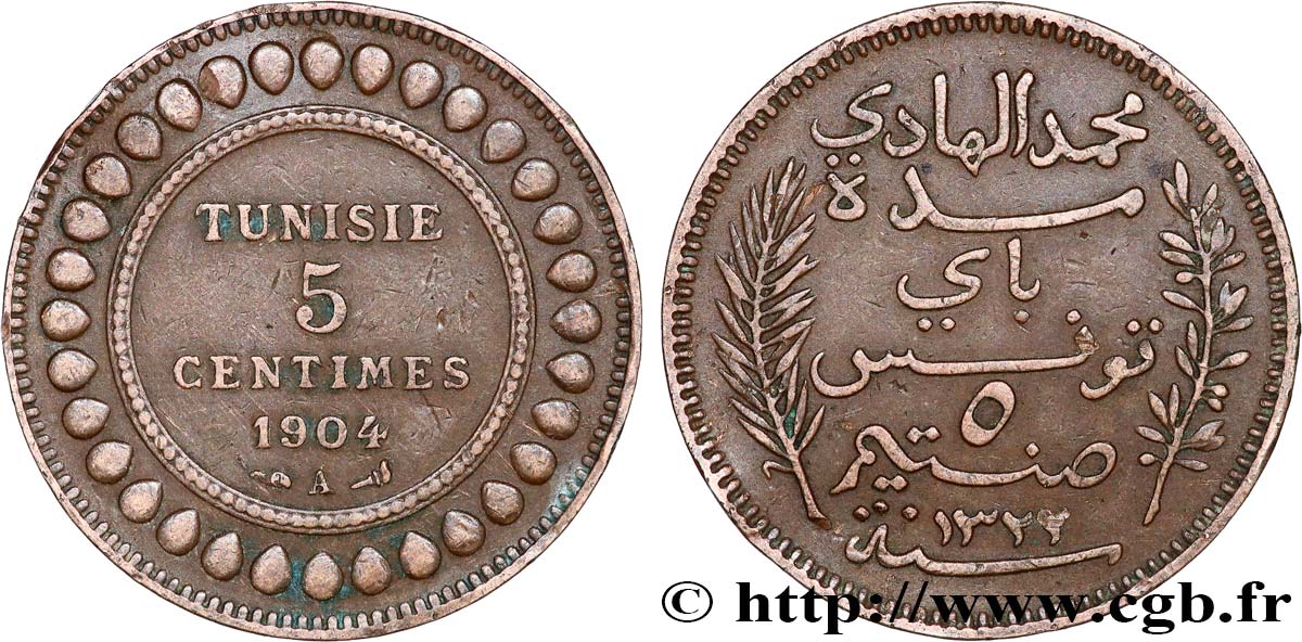TUNISIA - Protettorato Francese 5 Centimes AH1322 1904 Paris BB 